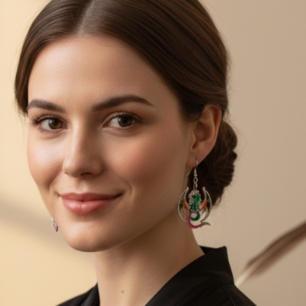 Dragon Dangle Earrings, Enamel Alloy Earrings, 3.3 cm. - Picture 3 of 8